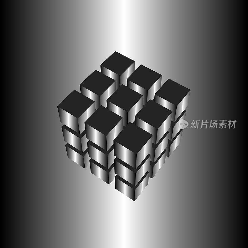 3x3x3 = 27个立体立方体的俯视图，有不同的面，有间隙和透视。金属反射。